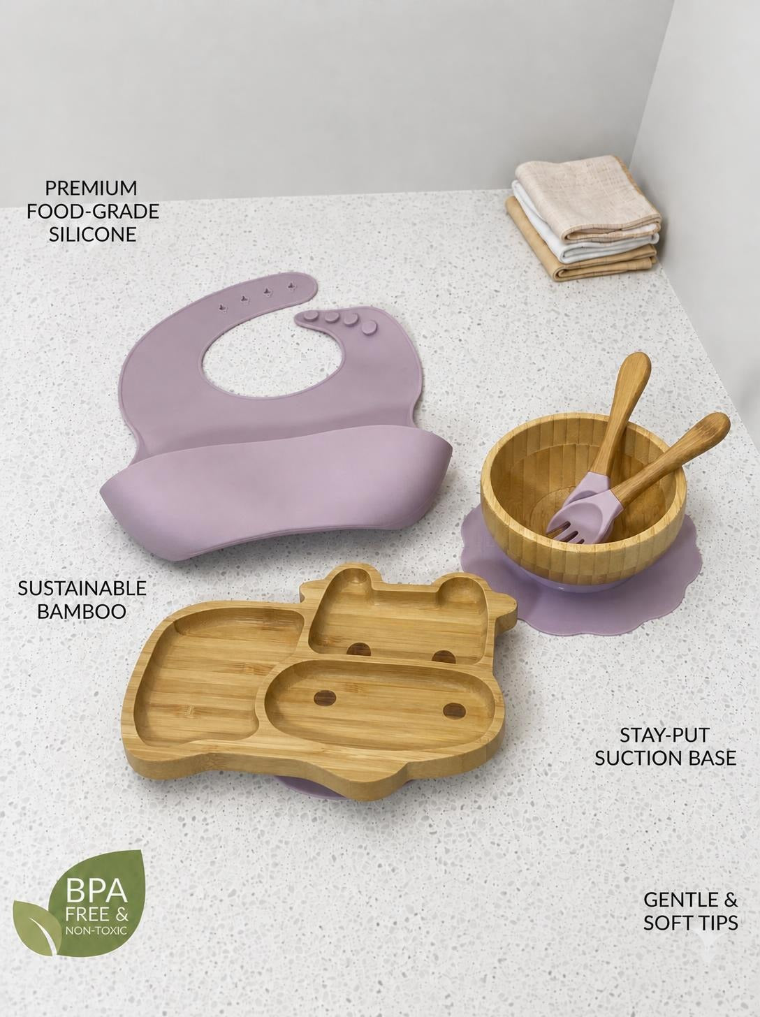 Bamboo & Silicone Baby Weaning Set - Cow Edition (lilac)