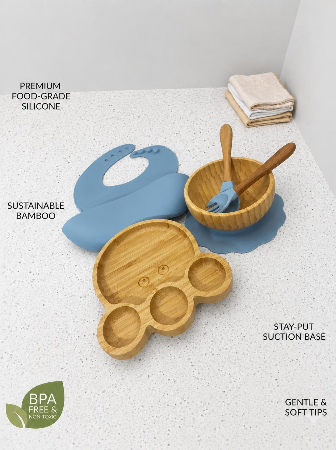 Bamboo & Silicone Baby Weaning Set - Octopus Edition (Blue)
