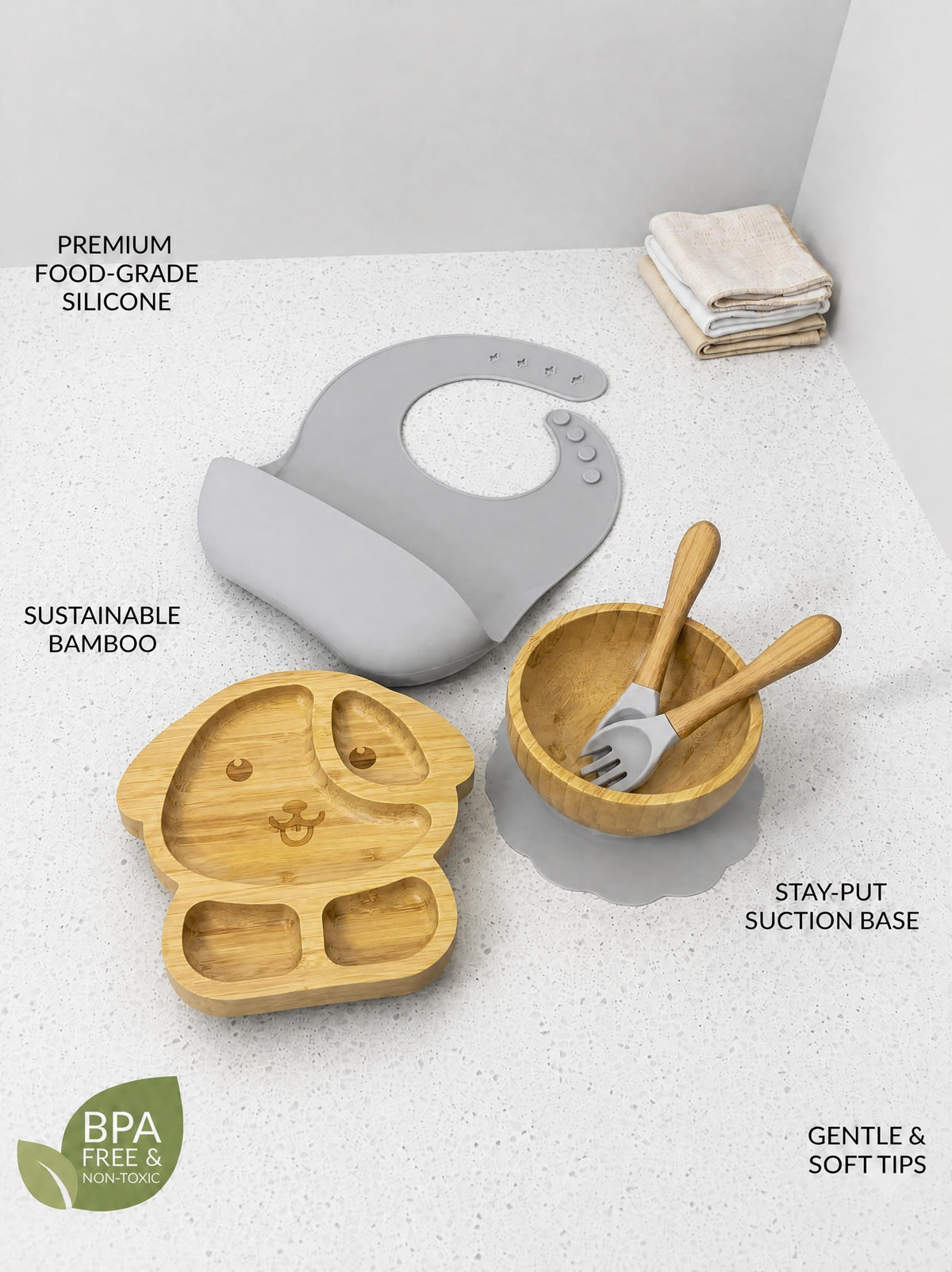 Bamboo & Silicone Baby Weaning Set - puppy Edition (Dove Grey)
