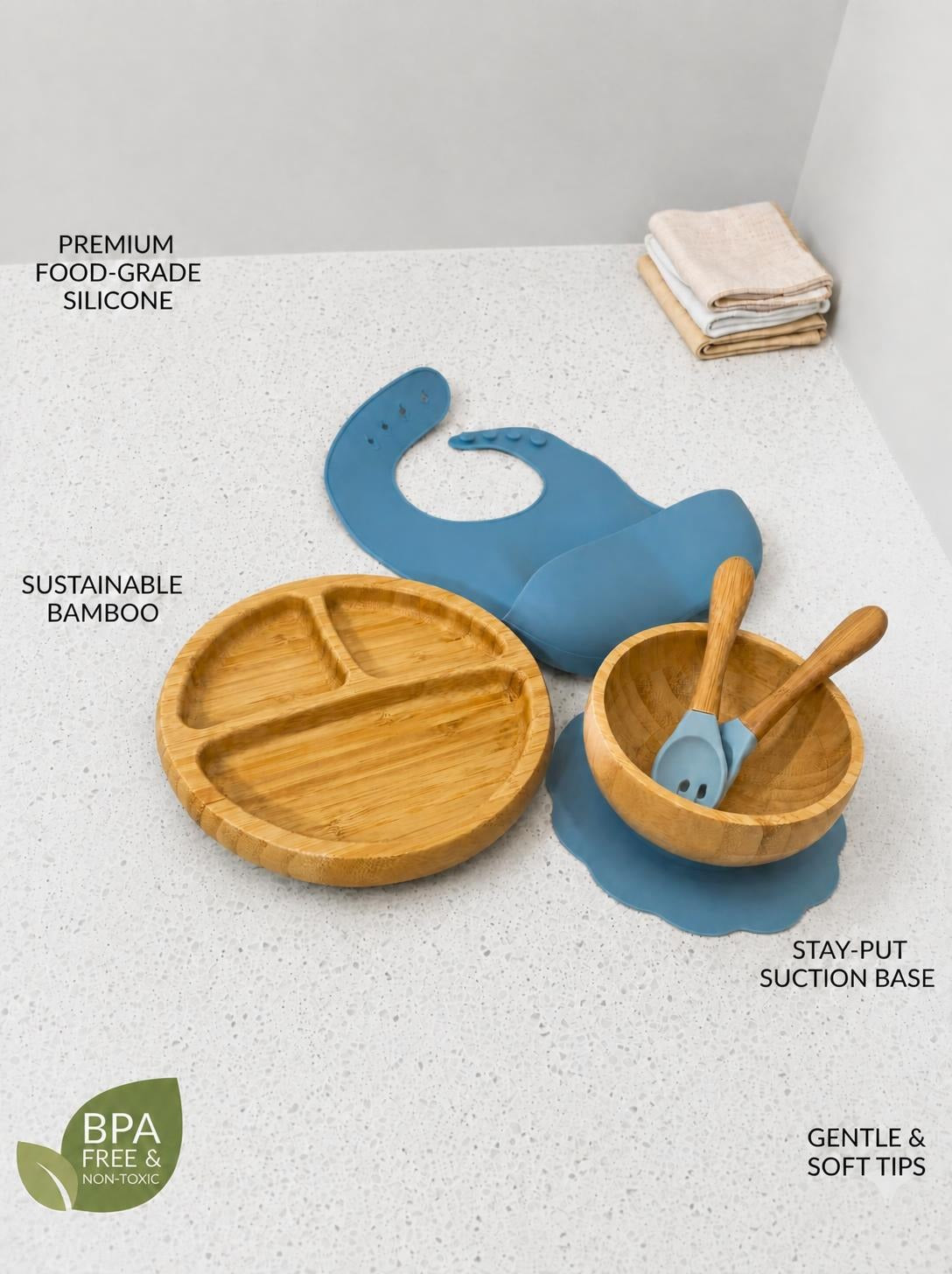 Bamboo & Silicone Baby Weaning Set - Round Edition (Blue)