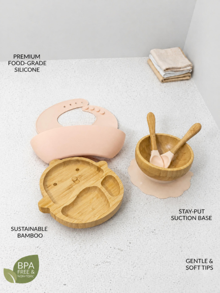 Bamboo & Silicone Baby Weaning Set - Chick Edition (Pale Pink)