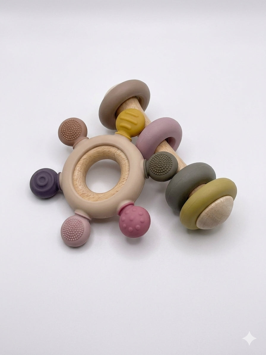 Wooden Sensory Teething Toy & Rattle Set